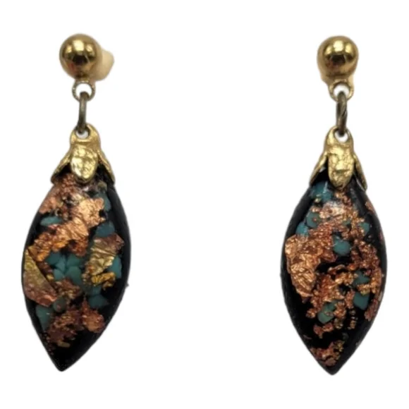 Vintage 1980s Gold and Copper Leaf Resin Earrings - Picture 2 of 5